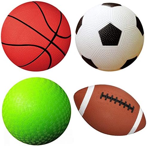 AppleRound Pack of 4 Sports Balls with 1 Pump: 1 Each of 5″ Soccer Ball, 5″ Basketball, 5″ Playground Ball, and 6.5″ Football (4 Balls and 1 Pump)