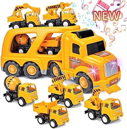 Construction Trucks Toys for 3 4 5 6 Years Old Toddlers Kids, Small Crane Mixer Dump Excavator Toy with Real Sounds & Lights, Toy Trucks for Toddlers, Christmas Birthday Gifts for Boys and Girls