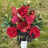 Miss You Artificial Cemetery Flower with Vase, Outdoor Grave Decoration, Floral Arranged Memorial Bouquet (Red)