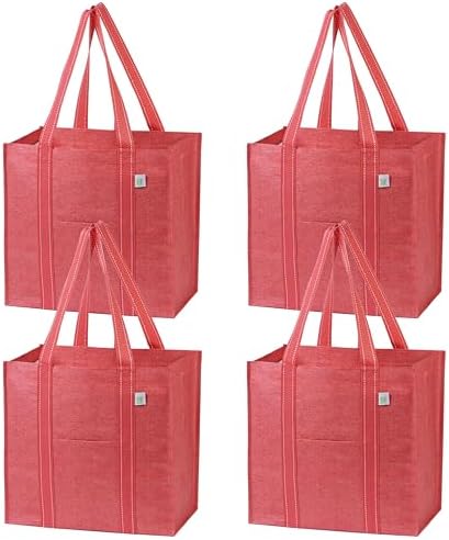 VENO 4 Pack Reusable Grocery Bags, Heavy-Duty Shopping Bags with Handles, Bags for Shopping Cart with Hard Bottom to Stand Upright, Foldable, Multi-Purpose, Sustainable (Red, 4 Pack)