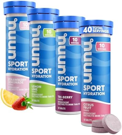 Nuun Sport Electrolyte Tablets – Dissolvable in Water, Mixed Flavors | 5 Essential Electrolytes for Hydration | 1g Sugar Drink Mix | Vegan, Non-GMO | 4 Pack (40 Total Servings)