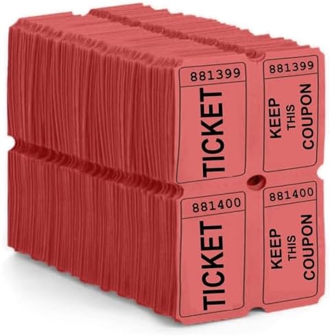100 Red Colored Raffle Tickets Double Roll 50/50 Carnival Fair Split The Pot One Hundred Consecutively Numbered Fundraiser Festival Event Party Door Prize Drawing Perforated Stubs