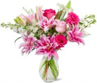 Colour Republic Fresh Cut Premium Ecuadorian Pink Roses and Pink Rose Lilies, 16 Fresh Flowers Prime Delivery with Vase