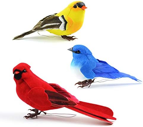Set of 3 Artificial Birds for Decoration, Floral Arrangements and Arts & Crafts | Red Cardinal, Eastern Bluebird & American Goldfinch