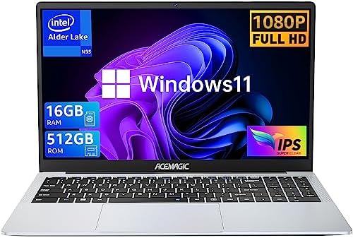 Laptop Computer 16GB DDR4 512GB SSD, Ιntel Quad-Core N95 Processor Windows 11 Laptop, 15.6 inch Laptop with Metal Body Support 1080P, TF Card, WiFi, BT5.0, Type_C, 38Wh Battery
