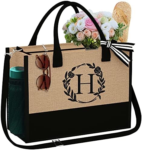Graduation Gifts – Initial Jute Tote Bag with Zipper Pockets Adjustable Strap Birthday Gifts for Women Her