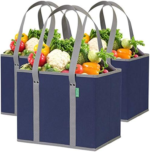 Reusable Grocery Bags (3 Pack) – Heavy Duty Reusable Shopping Bags with Box Shape to Stand Up, Stay Open, Fold Flat – Large Tote Bags are Foldable with Long Handles & Hard Bottom (Navy Blue)