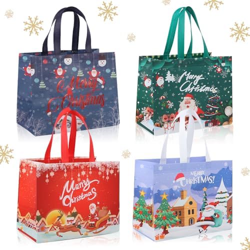 12pcs Large Christmas Tote Bags with Handles, Reusable Gift Bag Grocery Shopping Totes for Gifts Wrapping Shopping
