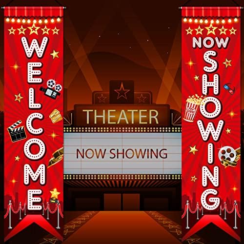 Movie Night Porch Sign Banner Movie Theme Party Decorations Movie Theater Welcome Now Showing Lights Camera Action Hanging Porch Sign for Home Film Backdrop Party Supplies (Classic Style, 2 Pieces)