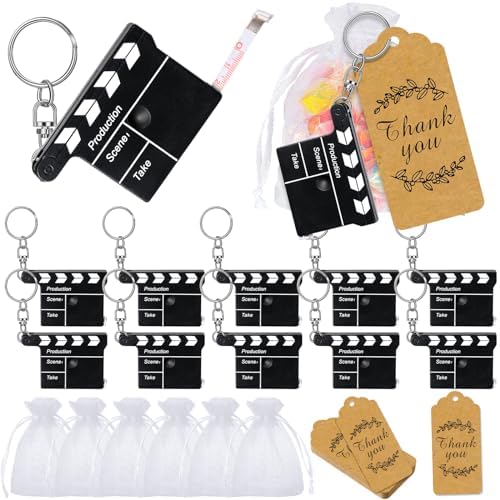 Movie Night Party Favors Director Clapboard Tape Measure Keychain Thank You Tag Organza Gift Bag for Movie Theatre Party Supplies Wedding Birthday Film Cast Party Decor(12 Sets)
