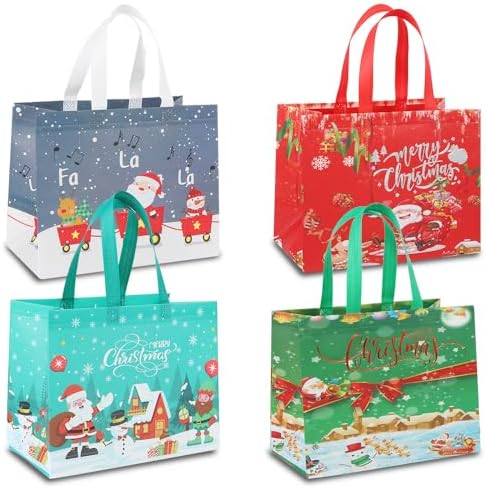 12 Pack Christmas Tote Bags with Handle, Large Christmas Gift Bag Reusable Non-Woven Grocery Shopping Totes, Merry Christmas Words Santa Treat Bags for Xmas Holiday Gift Wrapping Shopping 12.8″ x 9.8″