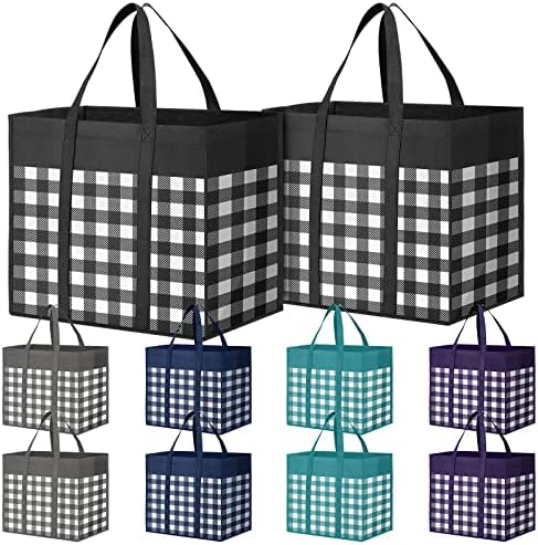 Reusable Grocery Bags 10-Pack, Large Foldable Reusable Shopping Tote Bags Bulk for Groceries, Waterproof Kitchen Cloth Produce Bags with Long Handles, Lightweight-Plaid Style A