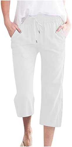 Capri Pants for Women Casual Summer Drawstring Elastic Waist Linen Pant Straight Leg Trouser with Pockets