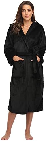 Women’s Plush Hooded Bathrobe Winter Warm Robes Soft Fleece Long Robe Luxury Dressing Gown
