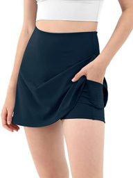 ODODOS Women’s Athletic Tennis Skorts with Pockets Built-in Shorts Golf Active Skirts for Sports Running Gym Training